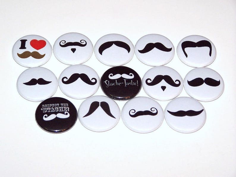 Stache Mustache Mix Pins 14 Pack, Mustache Party Favor Pinback Buttons, 1 or 1.5 or 2.25 Pin Back Buttons or Magnets, Moustache Badge image 1