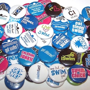 Swimmer Pins (10 Pack), Swimming Pinback Buttons, 1&quot; or 1.5&quot; or 2.25&quot; Pin Back Buttons or Magnets Swim Team Party Favors Swimmer Gifts Meets