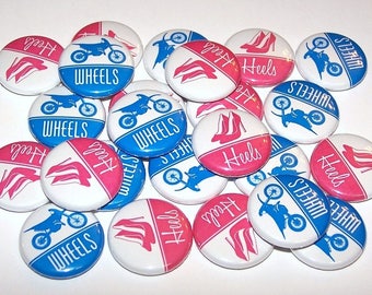 Wheels or Heels Gender Reveal Party Dirt Bike Motorcycle (20 Pack) Buttons Baby Shower Favors 1" or 1.5" or 2.25" Pin Back Button Burnout