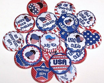 USA Cutie 4th of July Party Favors Pins (10 Pack), 1" or 1.5" or 2.25" Pin Back Buttons or Magnets, American Red White Blue 4th of July Pins