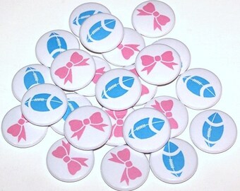 Footballs & Bows Gender Reveal Party (20 Pack) Buttons Baby Shower Favor 1" or 1.5" or 2.25" Pin Back Button Pink Blue Magnets