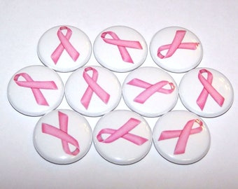 Breast Cancer Awareness Pins (10 Pack), Pink Ribbon On White, Breast Cancer Support, 1" or 1.5" or 2.25" Pin Back Pinback Buttons or Magnets