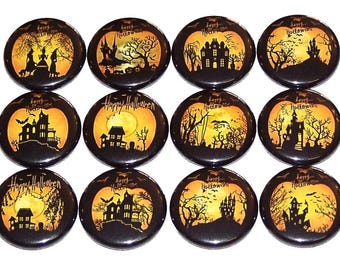 Pines de casas embrujadas (paquete de 12), recuerdos de fiesta de Halloween, botones o imanes con reverso de 2,5 cm, 3,8 cm o 5,7 cm, botones de Halloween espeluznantes y oscuros.