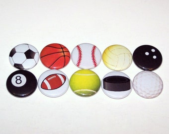 Conjunto de variedad de bolas deportivas de 10 botones - Usted elige - 1 pulgada Pin Botones traseros 1 "Pins Sport Balls Magnets