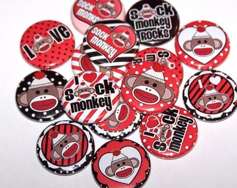 I Love sock monkey Set of 10 Buttons 1 Inch Pinback Buttons 1" Pins or Magnets Red Black