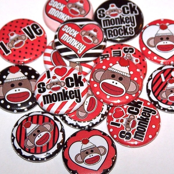 I Love sock monkey Set of 10 Buttons 1 Inch Pinback Buttons 1" Pins or Magnets Red Black