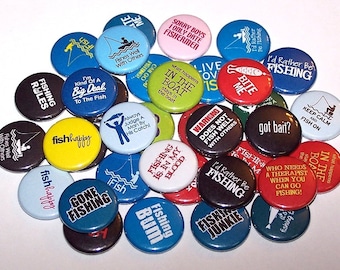 Gone Fishing Set of 10 Buttons 1" or 1.5" Pin Back Buttons or Magnets  Fisherman Party Favors