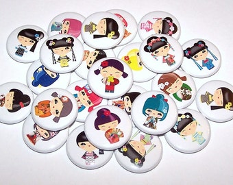 Asian Kokeshi Japanese Dolls Pins (10 Pack) 1" or 1.5" or 2.25" Pin Back Buttons or Magnets, Asian Kokeshi Doll Party Favors