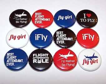 Flight Attendant Fly Girl Set of 12 Buttons 1" or 1.5" Pin Back Buttons or Magnets Flight Crew Red White Blue Black Party Favors