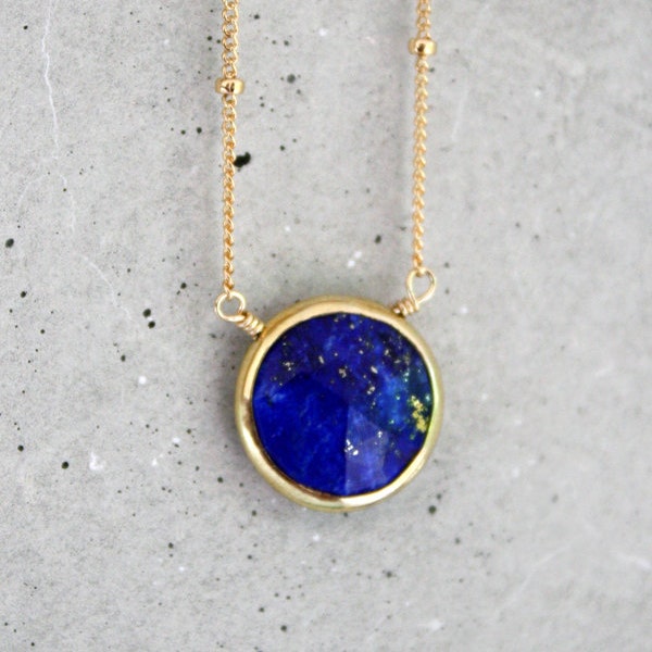 Royal Blue Lapis Lazuli Round Bezel 14k Gold Filled Necklace