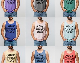 16x Comfort Colors C9360 Man Mockup Bundle, Summer Trendy Tank Top Mocks