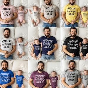 May include: Nine photos of fathers and babies wearing matching t-shirts and onesies. The shirts and onesies are in various colors, including pink, beige, yellow, white, navy, black, blue, purple, and gray. Each shirt and onesie has the text "YOUR Design HERE".