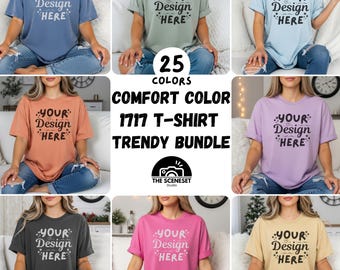 25x Comfort Color 1717 T-Shirt Mockup Bundle, CC1717 Female Model Cozy Trendy Boho Aesthetic