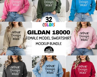 32x Gildan 18000 Female Model Mockup Bundle, G180 Sweatshirt Crewneck Mock-up Casual Simple Oversized, Print On Demand