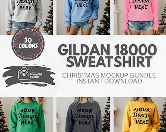 30x Gildan 18000 Sweatshirt Mockup Bundle, G180 Crewneck Mock-up Bundle Fall Winter, Print On Demand, Simple Aesthetic Christmas Holiday