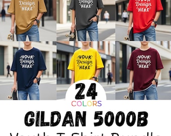 24x Gildan 5000B Youth Mockup Bundle, G5000 Kids T-Shirt Model Mock-up - Instant Download