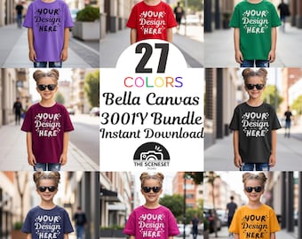 Bella Canvas 3001Y Tシャツモックアップバンドル27点、キッズシャツモックアップ - 即時ダウンロード