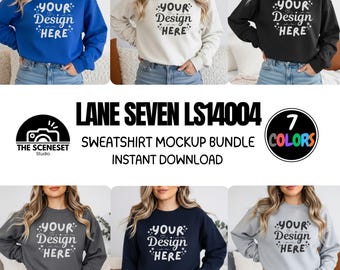 Lane Seven LS14004 スウェットシャツ モックアップ バンドル 7点、クルーネック セーター モックアップ 女性モデル ボヘミアン風 POD モックアップ