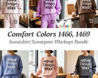 7x Comfort Colors 1466, 1469 Ivory Set Mockup, C1466 Model Mock-Ups, CC1469 Fleece Sweatpants, Tracksuit Mockup Bundle, Model Mockup
