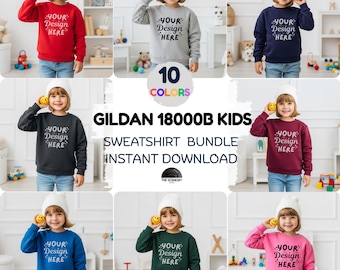 10x Gildan 18000B Sweatshirt Mockup Bundle, Youth Crewneck Mock, Kids 180B Sweater Mock-up Simple Trendy Model Mocks
