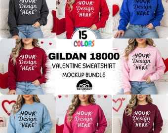 15xGildan 18000 Valentines Sweatshirt Mockup Bundle, Crewneck Sweatshirt Female Model Mock Valentine Sweater POD Trendy Mock-Ups