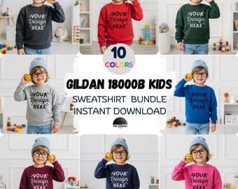10x Gildan 18000B Youth Sweatshirt Mockup Bundle, 180B Kids Sweater Mock-Up, Toddler Crewneck Model Mock, Trendy Simple