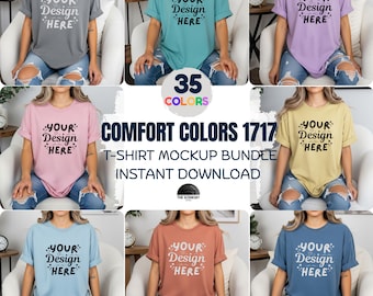 35x Comfort Colors C1717 T-Shirt Mockups, Oversized Crewneck Tee POD Bundle, Female Model Mockup, Boho Trendy Lifestyle Mock