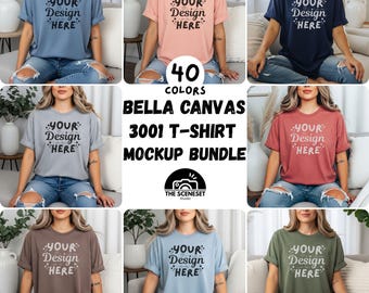40xBella Canvas 3001 T-Shirt Mockup Bundle, Oversized Tee On Model BC3001 Multiple Colors Pack, Cozy Trendy Neutral (Digital Download)