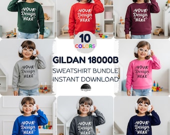 ギルダン 18000B キッズ クルーネック モックアップ 10枚セット、ギルダン 18000 ユース モックアップ バンドル、子供用スウェットシャツ トレンディ シンプル ボヘミアン 幼児用 モックアップ セーター