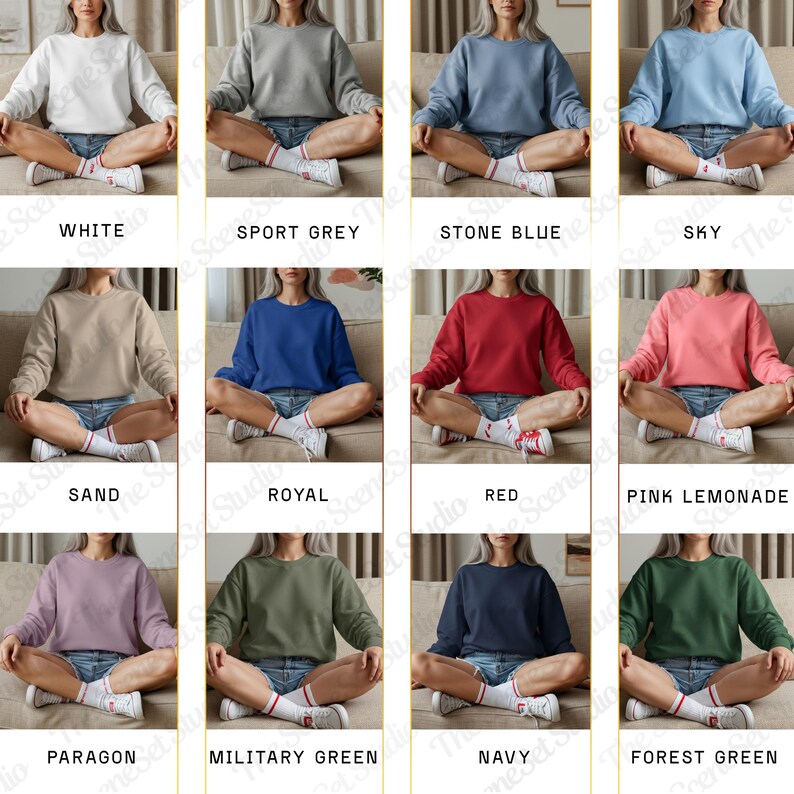 May include: A collection of crewneck sweatshirts in various colors, including white, sport grey, stone blue, sky, sand, royal, red, pink lemonade, paragon, military green, navy, and forest green. Each sweatshirt is displayed on a person.