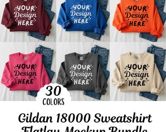 30xGildan 18000 Mockup Bundle | Crewneck Sweatshirt | High-Quality Flat Lay Front View | Blank Sweatshirt Mockups for Etsy & POD