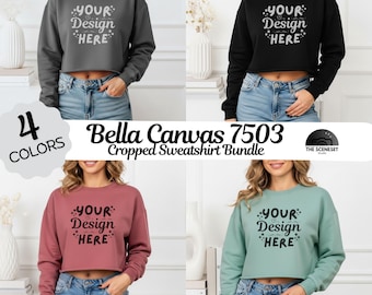 4xBella Canvas 7503 クロップド スウェットシャツ モックアップ バンドル、女性モデル モックアップ、クルーネック セーター ボヘミアン トレンド モックアップ、b7503 クロップトップ (4色)