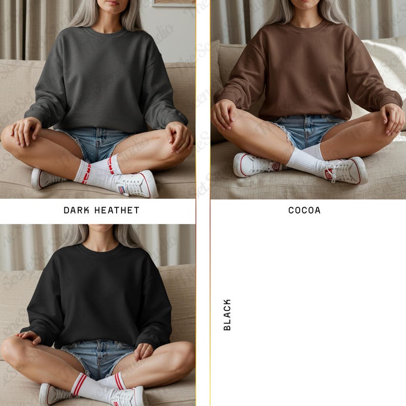 May include: Three sweatshirts in dark colors: dark heather, cocoa, and black. Each sweatshirt is a crew neck style. The text "DARK HEATET", "COCOA", and "BLACK" are displayed below each sweatshirt.