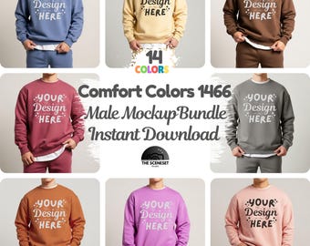 Comfort Colors 1466 メンズ モックアップ バンドル 14個、C1466 クルーネック スウェットシャツ モックアップ、ライフスタイル ミニマリズム トレンディ ボヘミアン、男性モデル モックアップ