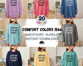 Comfort Colors 1566 スウェットシャツ モックアップ バンドル 20 点、C1566 クルーネック モックアップ、女性モデル モック、CC 長袖、ニュートラル シンプル オーバーサイズ モックアップ