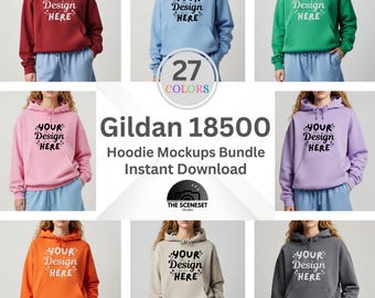 Paquete de 27 maquetas de sudaderas con capucha Gildan 18500, sudadera con capucha G185, maqueta de modelo femenina para impresión bajo demanda, maquetas modernas, neutras, sencillas y con estética bohemia.