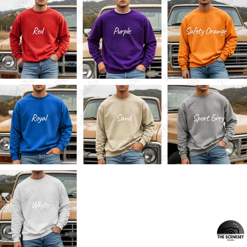 May include: A collection of crewneck sweatshirts in various colors, including red, purple, safety orange, royal blue, sand, sport grey, and white. Each sweatshirt has the color name printed on it in white. The sweatshirts are displayed on a person wearing blue jeans.