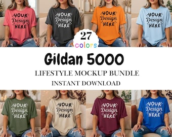 ギルダン5000ソフトスタイルTシャツモックアップ27点セット - ボヘミアン風女性モデルモックアップ - ライフスタイルTシャツモックアップ - 即時ダウンロード