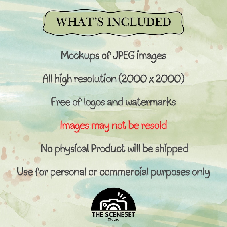 May include: A graphic with text that reads "WHAT'S INCLUDED" and lists features of the product, including JPEG mockups, high resolution images, and use for personal or commercial purposes. The image has a watercolor background.