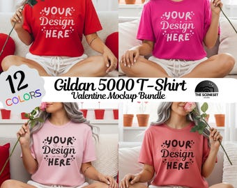 ギルダン5000バレンタインTシャツモックアップ12点セット、バレンタインデーTシャツモックアップ、g5000クルーネック女性モデルモック、ラブデーコットンシャツ