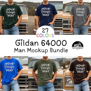 Puede incluir: Un paquete de maquetas de camisetas Gildan 64000 en varios colores. Cada camiseta presenta el texto "YOUR Design HERE" en una fuente estilizada. La imagen muestra las camisetas en modelos frente a camionetas vintage, con una paleta de 27 colores.
