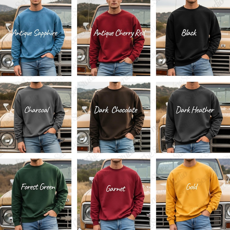 May include: A collection of crewneck sweatshirts in various colors, including Antique Sapphire, Antique Cherry Red, Black, Charcoal, Dark Chocolate, Dark Heather, Forest Green, Garnet, and Gold. Each sweatshirt is displayed on a person wearing blue jeans.