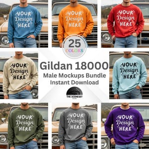 Puede incluir: Una colección de sudaderas Gildan 18000 en varios colores, incluyendo azul, naranja, rojo, beige, azul claro, verde, gris y morado. Cada sudadera presenta el texto "YOUR Design HERE" en una fuente decorativa. La imagen también incluye el texto "25 COLORS" y "Male Mockups Bundle Instant Download".