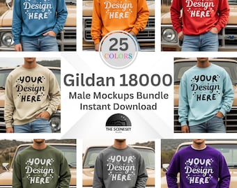Gildan 18000 Mens Mockup Bundle, Male Sweatshirt Mockup, POD Male Model Mockup, G180 Mockup, Oversized Crewneck Sweatshirt Trendy Aesthetic