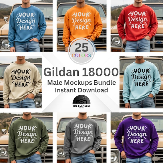 Gildan 18000 Mens Mockup Bundle, Male Sweatshirt Mockup, POD Male Model Mockup, G180 Mockup, Oversized Crewneck Sweatshirt Trendy Aesthetic