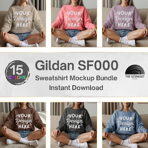 Pode incluir: Um pacote de mockups com camisolas Gildan SF000 em várias cores. Cada camisola exibe o texto "YOUR Design HERE" em uma fonte decorativa. A imagem inclui um gráfico de paleta de cores e o texto "Sweatshirt Mockup Bundle Instant Download".