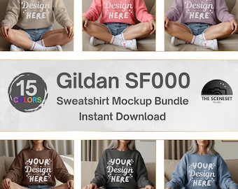 Gildan SF000 Sweatshirt Mockup Bundle, Softstyle Crewneck Sweater Mock-Up, POD Mockups, Lifestyle Mockup, sf000 Bundle, Trendy Aesthetic