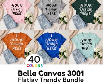 Bella Canvas 3001 モックアップバンドル - ライフスタイルTシャツモックアップ - トレンディで美しいBC3001フラットレイシャツ - 40色