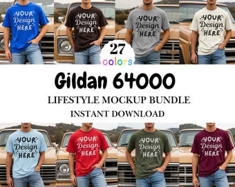 Mens Gildan 64000 Mockup Bundle, Male Model g640 mock up, Soft Style Tee - 27 Colors
