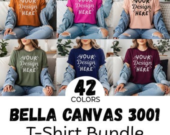 42x Bella Canvas Tシャツモックアップ、BC 3001バンドル、複数色パック、サマーモックアップ、トレンディでシンプルな美的ライフスタイルモックアップ